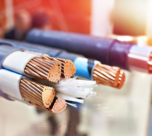 Large copper power cable in section closeup